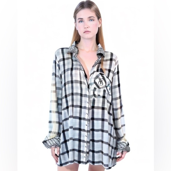 Victoria's Secret VS Black White Plaid Button Front Nightgown Pajama Shirt - Picture 1 of 13